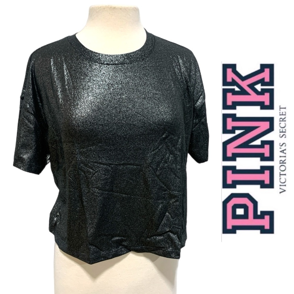 PINK Victoria's Secret Black Shimmer Foil Crop‎ Top T-Shirt 6101
